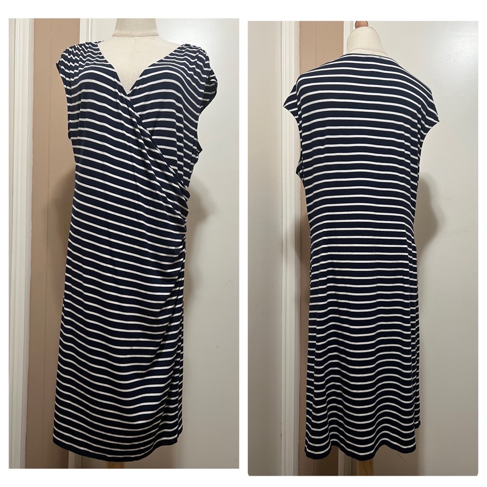 Ann Taylor Navy & White Striped Faux-Wrap Midi Dress